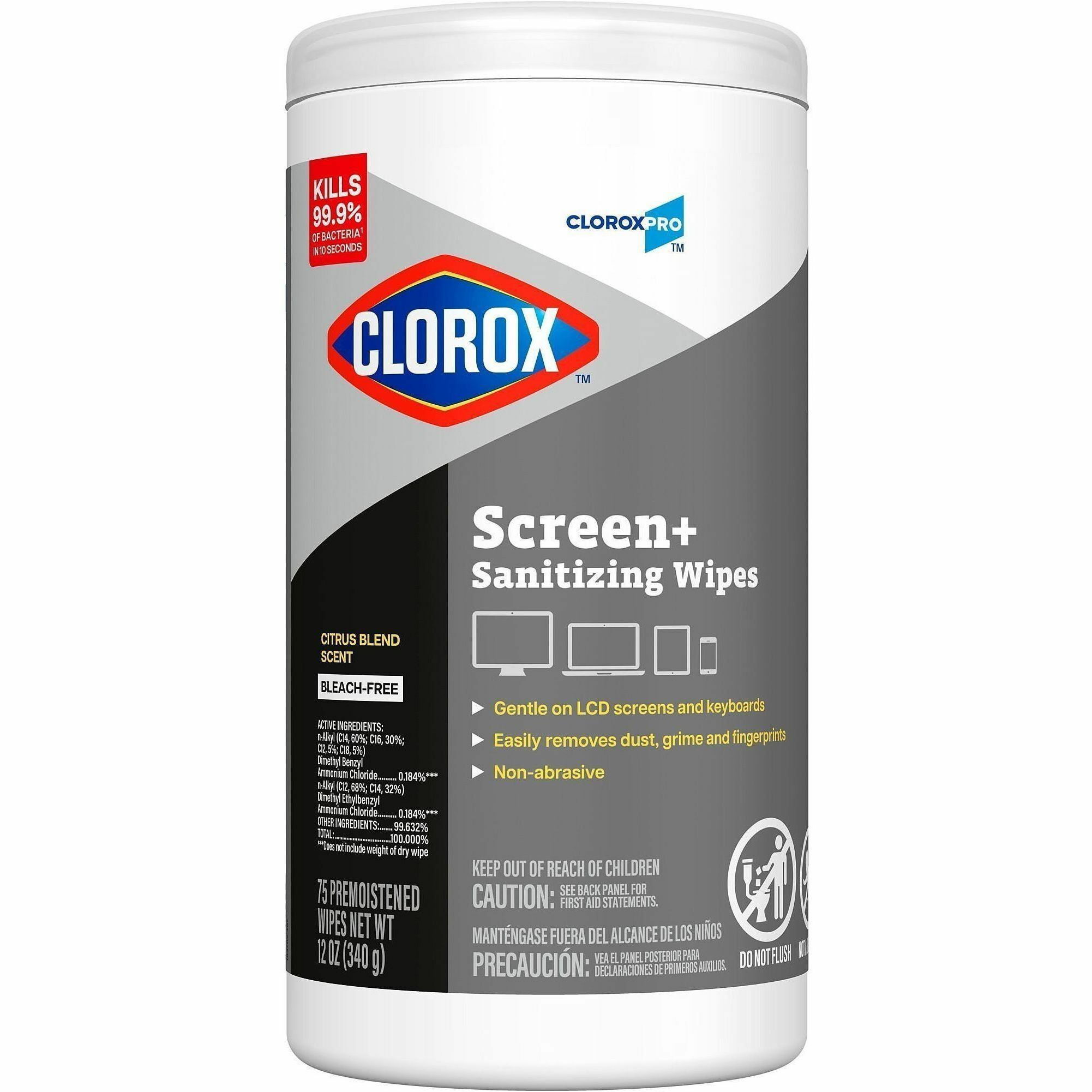Clorox Screen + Sanitizing Wipes - For Electronic Equipment, Touchscreen, Keyboard, Notebook, Smartphone, TV, Tablet, Computer, Monitor, Screen, LCD - Alcohol-free, Bleach-free, Quick Drying, Non-drip, Low Linting, Non-abrasive, Scratch-free, Abrasion-fre