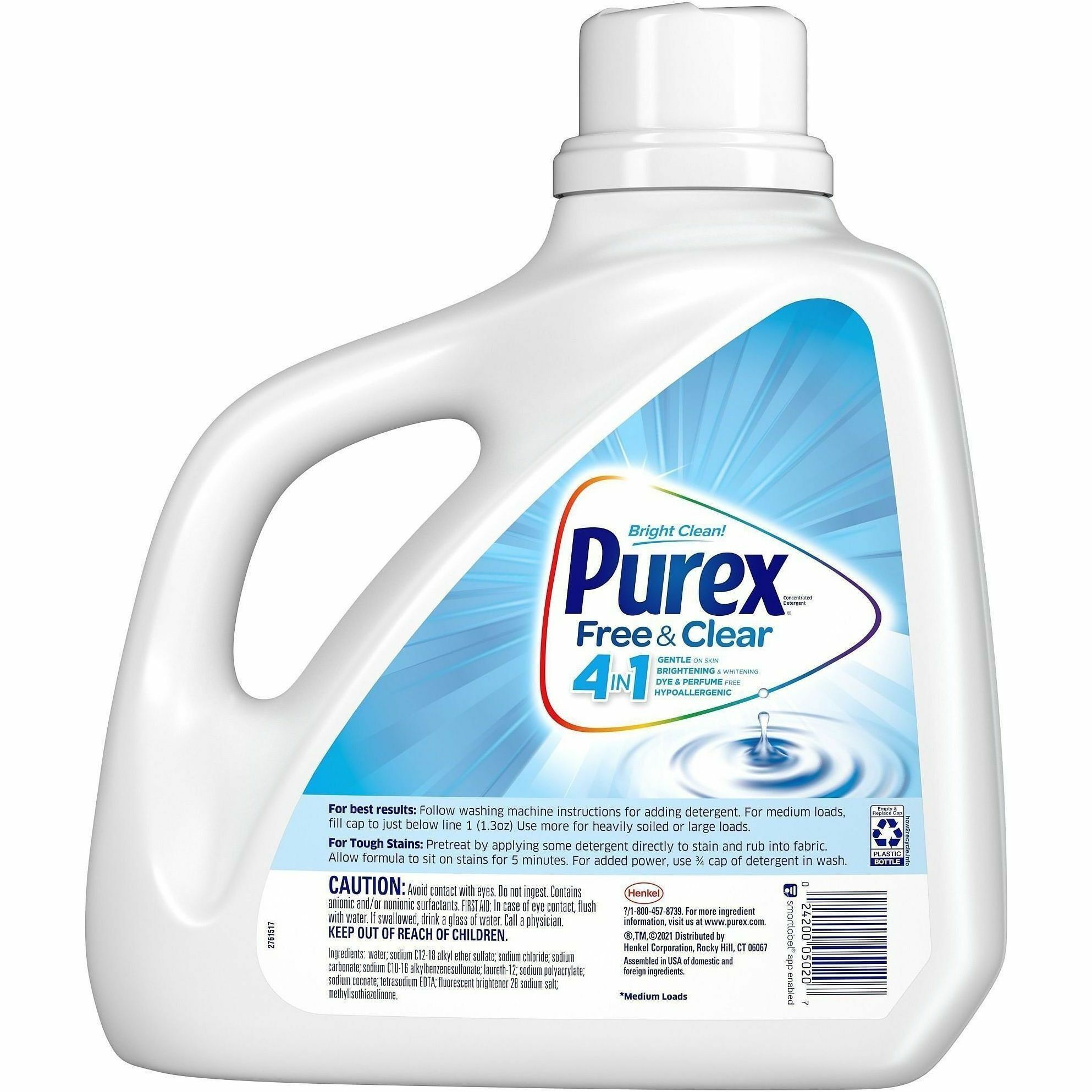 Purex Free & Clear Laundry Detergent - For Laundry - Concentrate - Liquid - 150 fl oz (4.7 quart) - 115 Loads - Recommended For: Dirt Remover, Stain Remover - Dye-free, Hypoallergenic, Non-irritating - Clear - 4 / Carton