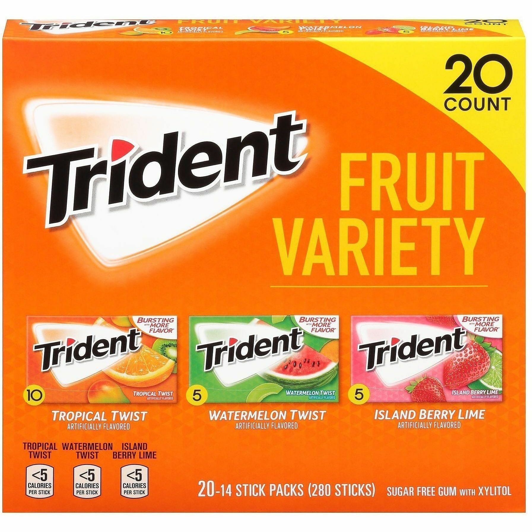 Green Rabbit Trident Sugar-Free Gum Fruit Variety - Island Berry Lime, Tropical Twist, Watermelon Twist - 14 Pieces/Pack - 1 / Carton