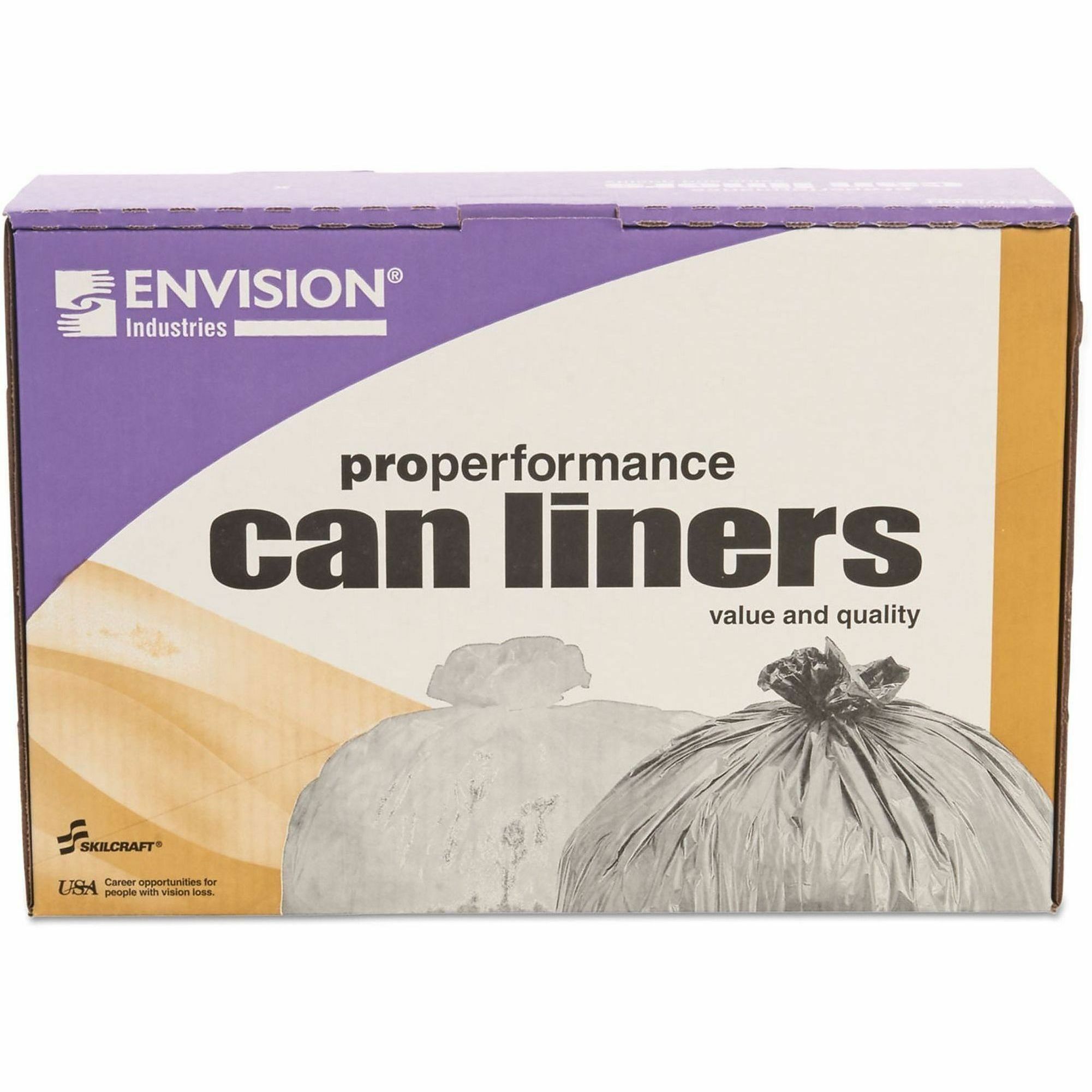 NSN5171347 - Trash bags are designed for use in soft refuse applications. Ideal for office, kitchen and bathroom applications. The high molecular weight of the high-density polyethylene resin produces an economical liner that is approximately 1/3 the weight of traditional can liners. The use of fewer raw materials returns less plastic to our environment. Trash bags also offer great load-bearing capabilities. 