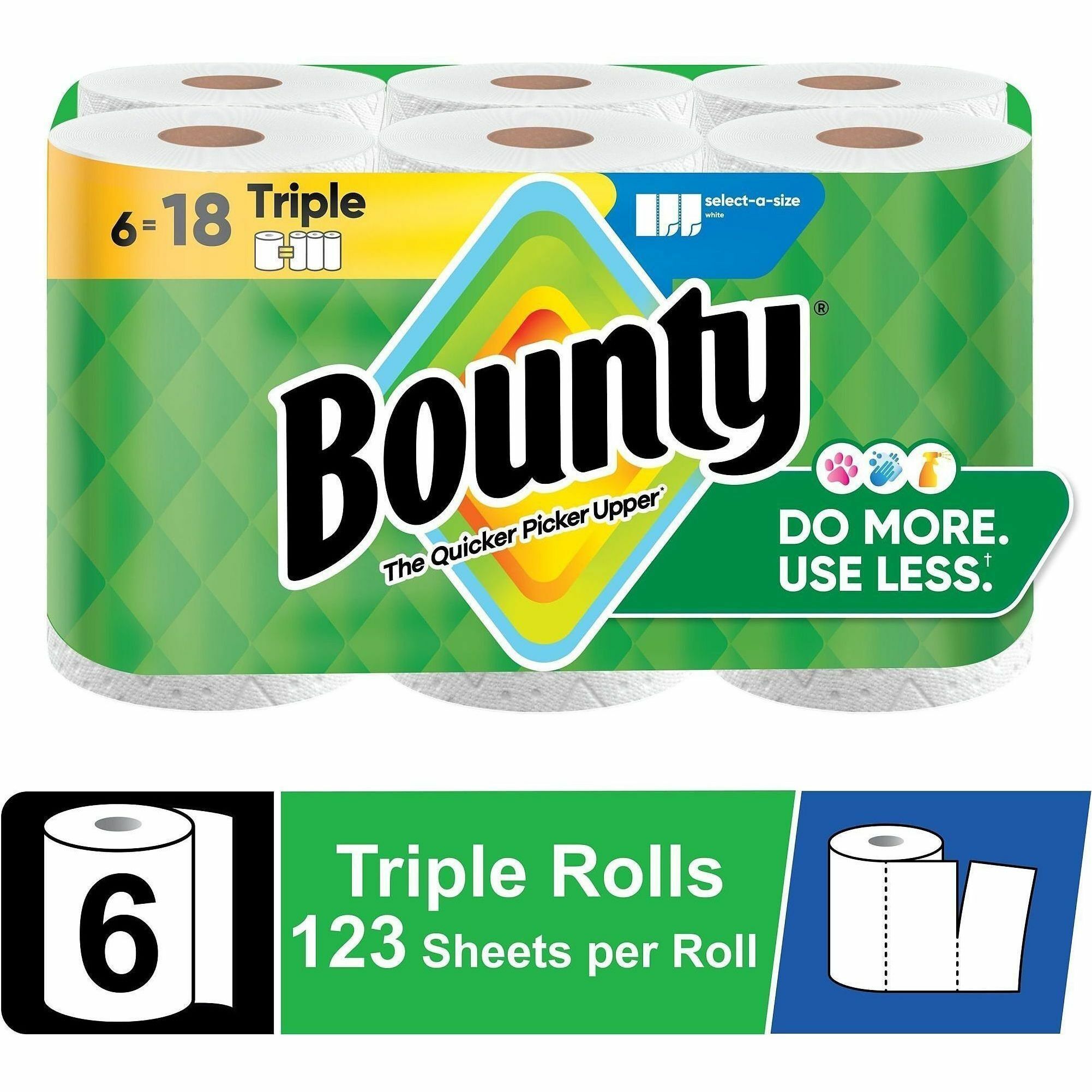 PGC16020 - Bounty Select-A-Size Paper Towels let you choose how much you need, depending on the size of the spill. Rolls of two-ply perforated towels deliver the same strength, absorbency and cloth-like durability you expect with Bounty towels so you can clean the mess with less. They are durable enough to tackle your toughest job. Super-absorbent towels handle spills fast with 25 percent thicker quilts so one sheet locks in the mess. Change the roll less often with these larger rolls. Each roll fits standard, kitchen towel dispensers for perforated rolls.   