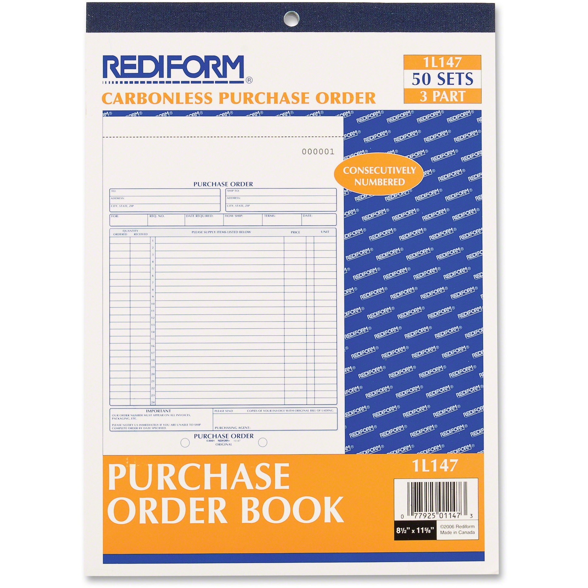 Rediform 2-part Carbonless Purchase Order Book - 3 Part - 8.50" x 11" Sheet Size - White, Canary, Pink - White Sheet(s) - 1 Each