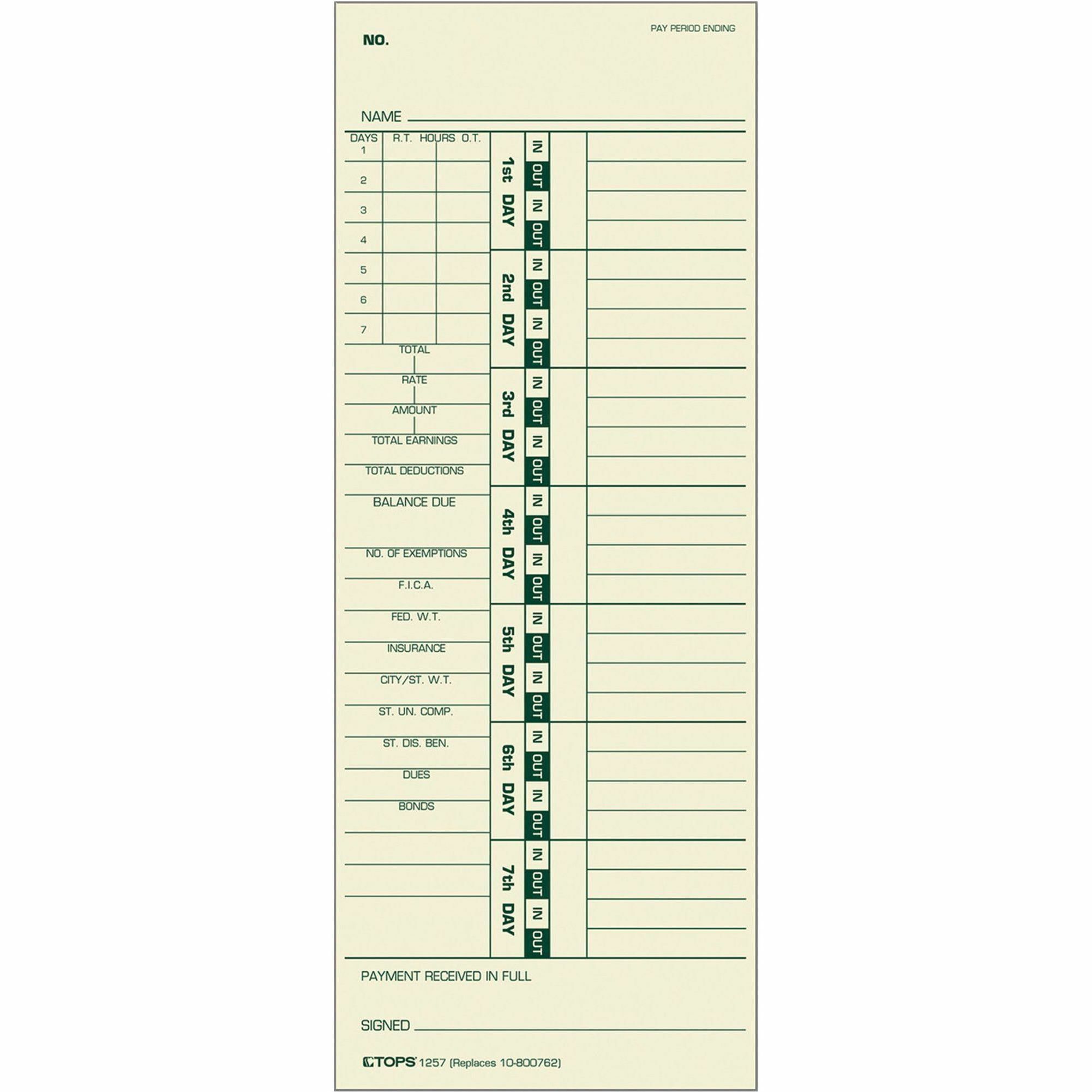 TOPS Numbered Days/Full Payroll Time Cards - Double Sided Sheet - 3.50" x 9" Sheet Size - Yellow - Manila Sheet(s) - Green, Red Print Color - 500 / Box