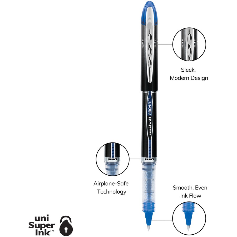 Uni-Ball Vision Elite RoLLer Ball Pen - Micro Pen Point - 0.5 mm Pen Point  Size - Blue Pigment-based Ink - 12 / Pack 