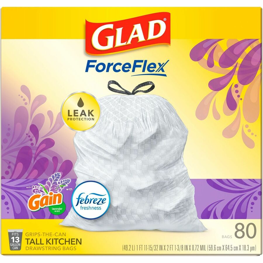 Glad ForceFlex Tall Kitchen Drawstring Trash Bags, Unscented, 13 gal, 38 ct