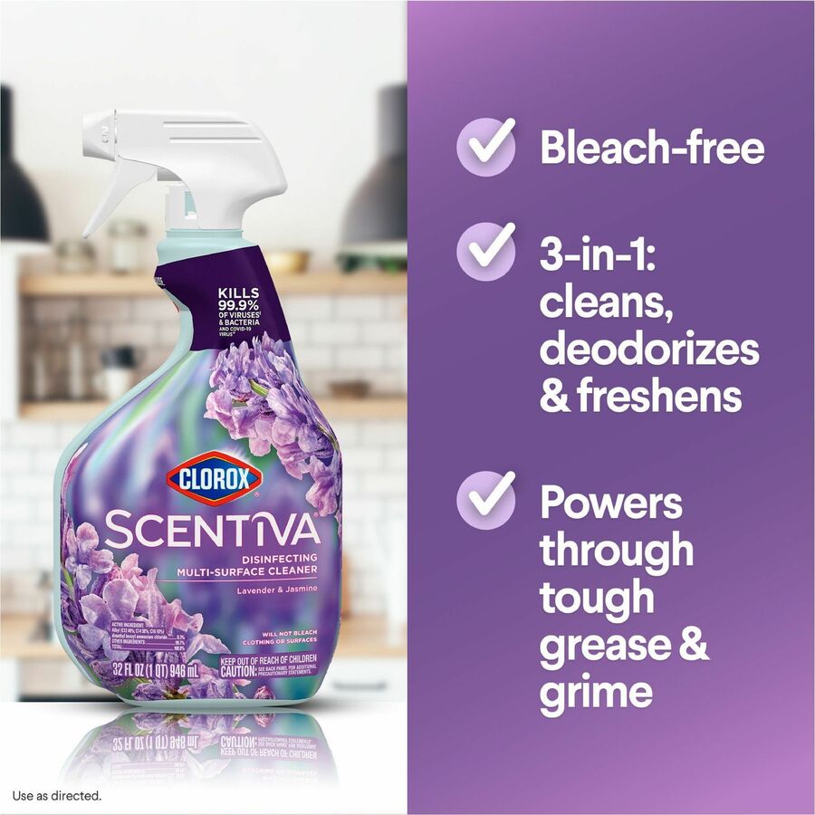 Clorox Scentiva Disinfecting Multi-Surface Bleach-Free Cleaner - 32 fl oz (1 quart) - Lavender & Jasmine Scent - Deodorize, Disinfectant, Bleach-free, Antibacterial - Clear - 6 / Carton