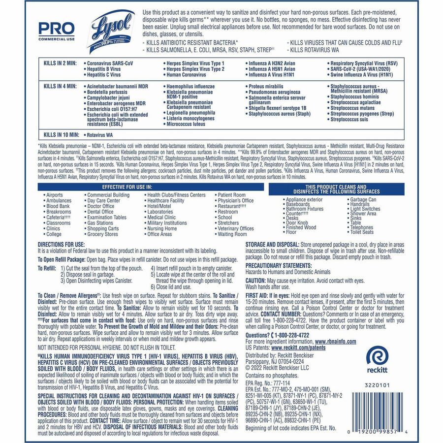 Lysol Professional Disinfecting Wipes Cleaning Wipes Reckitt   1077186210 