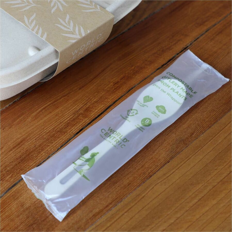 World Centric TPLA Wrapped Cutlery - Spoon - Cutlery Spoon - Dishwasher Safe - Talc-filled Polylactic Acid (TPLA) - Light Beige - 750 / Carton