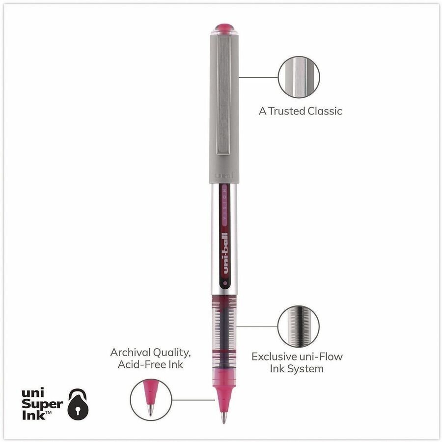 uni® Vision Rollerball Pen - 0.7 mm, Fine Pen Point - Passion Pink Ink - Liquid - Writing - 12 / Dozen