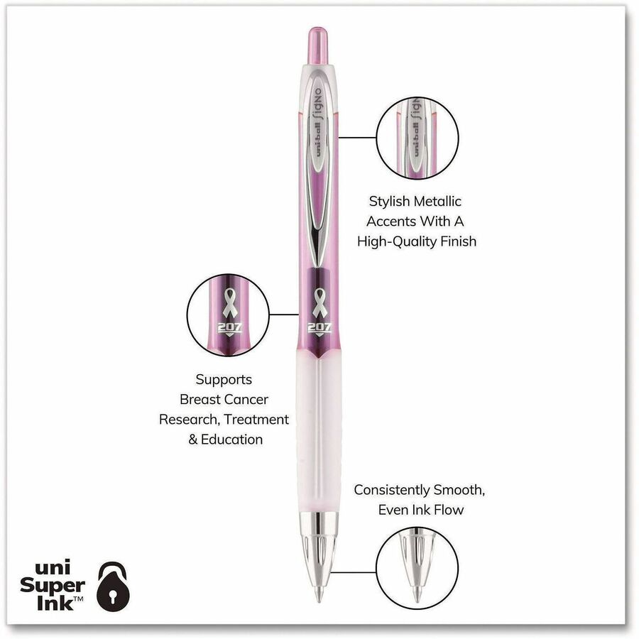 uni® 207 Pink Ribbon Gel Pen - 0.7 mm Medium Pen Point - Refillable - Retractable - Black Ink - Pigment-based, Liquid Gel Ink - Pink Barrel - Writing - 2 / Pack