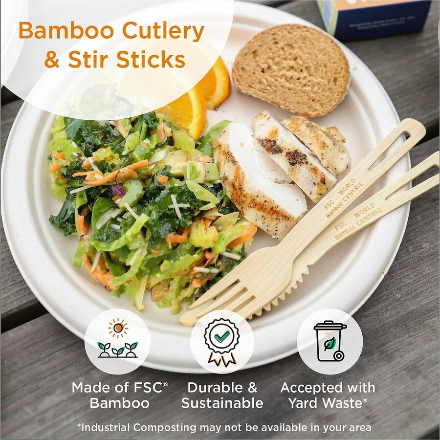World Centric Compostable Bamboo Cutlery - Fork - Fork - Food - Bamboo - Natural - 2000 / Carton