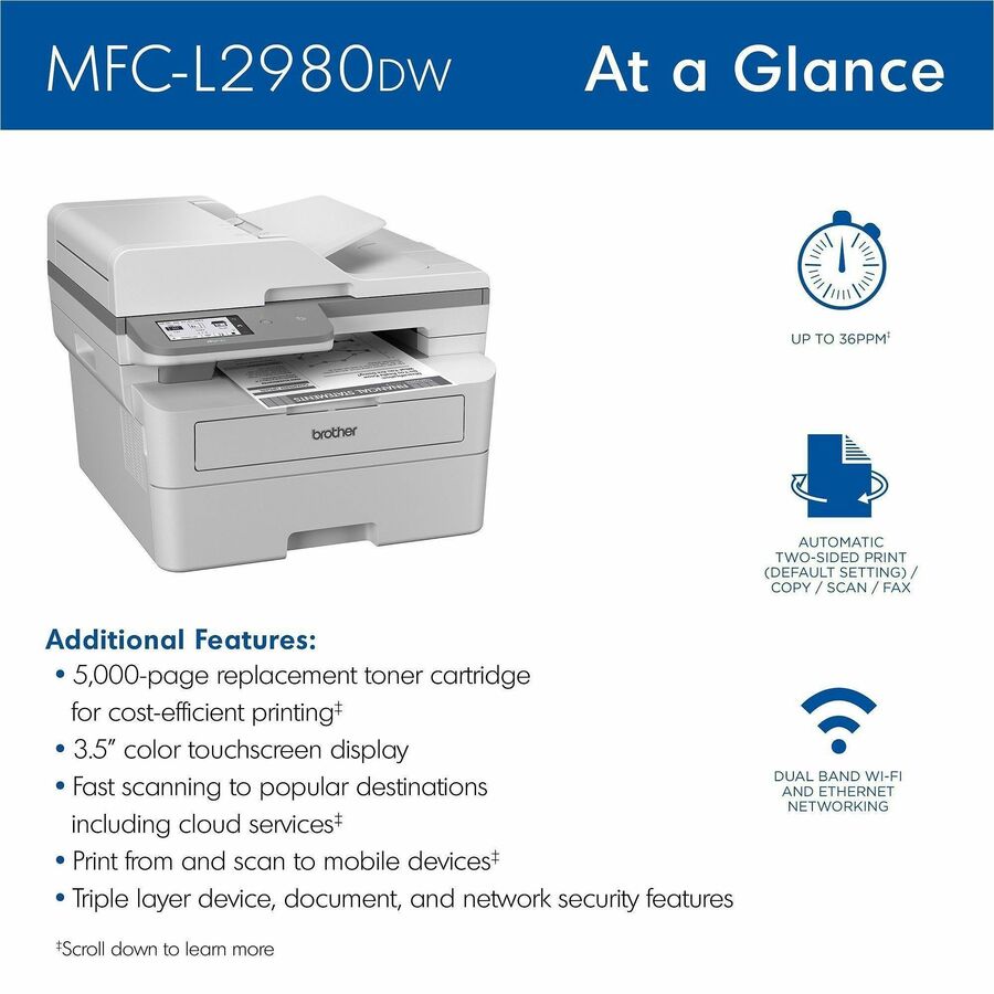 Brother MFC-L2980DW Wired & Wireless Laser Multifunction Printer - Monochrome