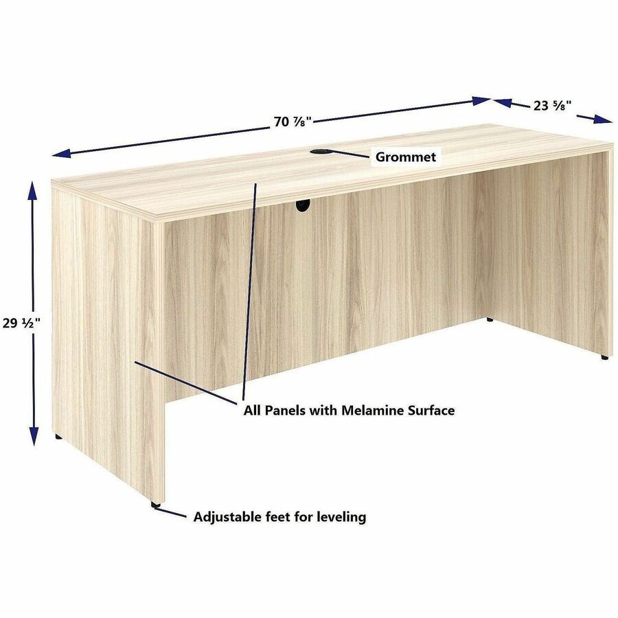 Lorell Essential Series Laminate Desking & Accessory - x 1" Thickness Table Top, 29.5" Height x 72" Width x 24" Depth Credenza Shell - Material: Laminate, Metal - Finish: Silver Brush, Modern Elm - Laminate, Modern Elm Table Top - Durable, Adjustable Feet