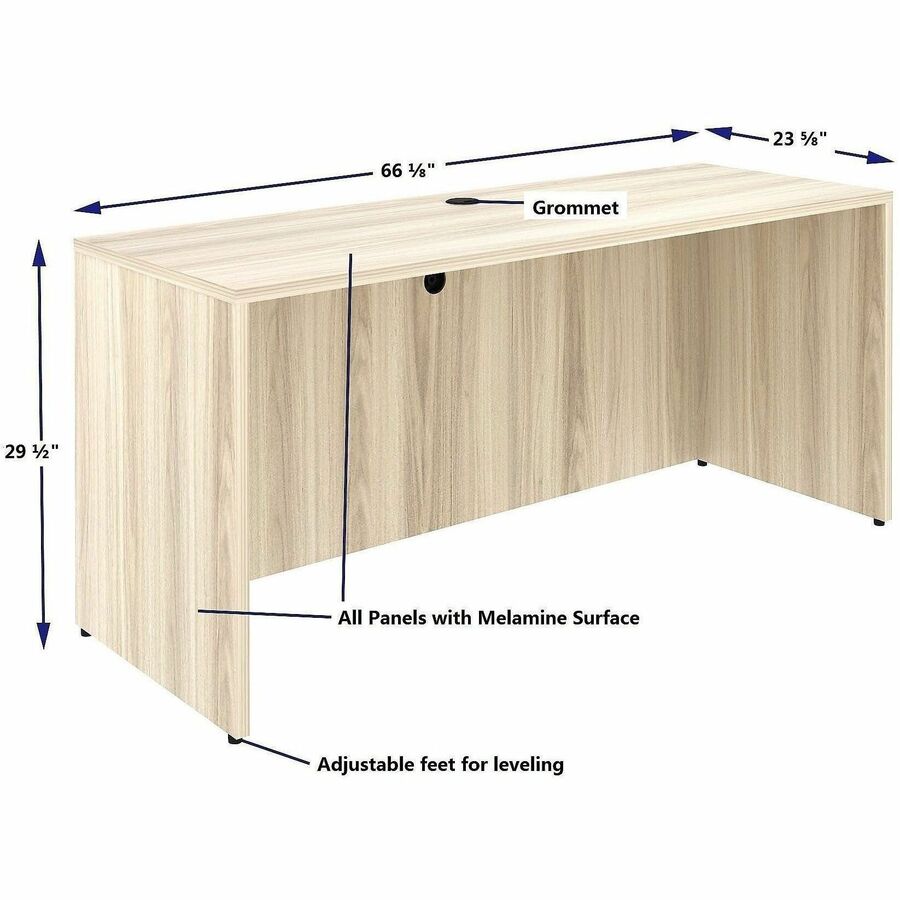Lorell Essential Series Laminate Desking & Accessory - x 1" Thickness Table Top, 29.5" Height x 66" Width x 24" Depth Credenza Shell - Material: Laminate, Metal - Finish: Silver Brush, Modern Elm - Laminate, Modern Elm Table Top - Durable, Adjustable Feet