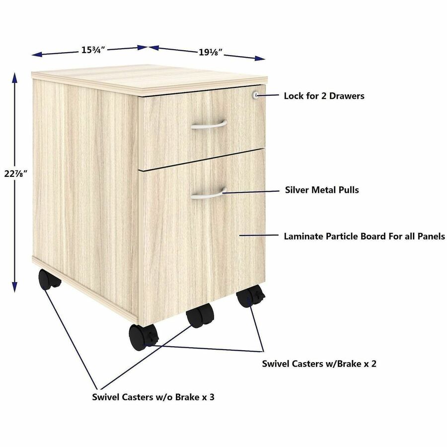 Lorell Essential Series Laminate Desking & Accessory - 22.9" Height x 15.7" Width x 19.9" Depth - Total Drawer(s): 2 - Material: Laminate - Finish: Modern Elm, Laminate - Versatile, Dual Wheel Caster, Mobility, Adjustable Feet, Locking Casters - For Offic