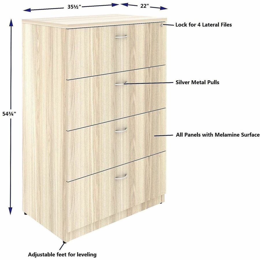 Lorell File Cabinet - 4 x Drawer(s) for File - Lateral - Lockable - Modern Elm - Assembly Required