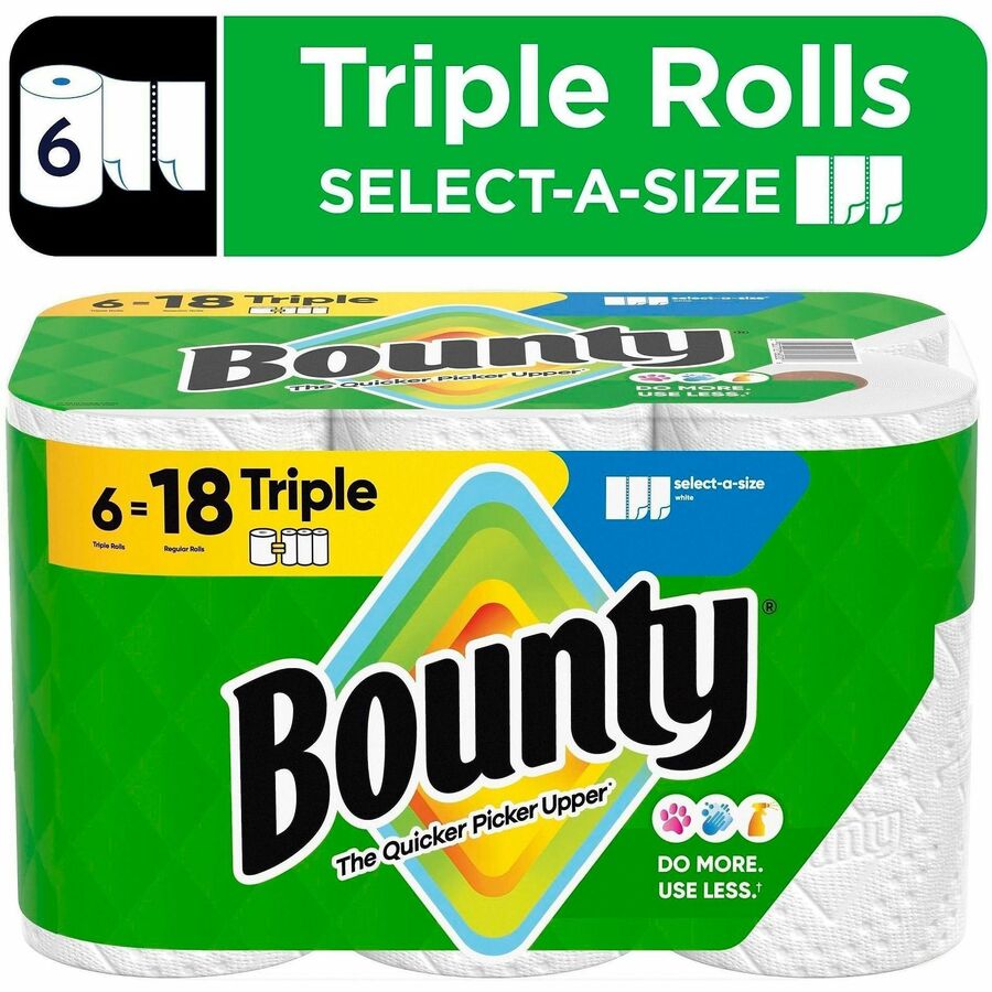 PGC16020 - Bounty Select-A-Size Paper Towels let you choose how much you need, depending on the size of the spill. Rolls of two-ply perforated towels deliver the same strength, absorbency and cloth-like durability you expect with Bounty towels so you can clean the mess with less. They are durable enough to tackle your toughest job. Super-absorbent towels handle spills fast with 25 percent thicker quilts so one sheet locks in the mess. Change the roll less often with these larger rolls. Each roll fits standard, kitchen towel dispensers for perforated rolls.   