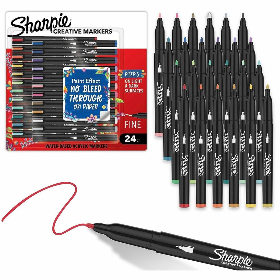 Sharpie Creative Markers - Fine Marker Point - Assorted Ink - Water Based, Acrylic Based - Glass, Art, Coloring - 24 / Pack