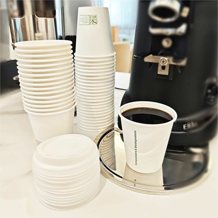 Genuine Joe BPI Certified Compostable Paper Cups - 12 fl oz - Leak Proof Closure - White - Paper, Polylactic Acid (PLA) - Cold, Beverage, Breakroom