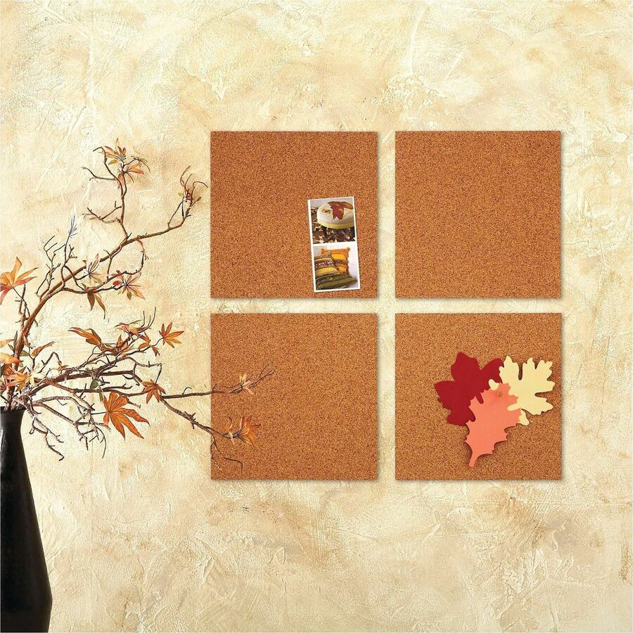 Quartet Frameless Modular Cork Tiles - 12" Board Height x 12" Board Width x 0.37" Board Depth - Brown Natural Cork Surface - Self-stick, Durable, Noise Absorbant, Self-healing, Frameless, Adhesive - 4 - 1 Pack