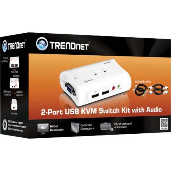 TRENDnet 2-Port USB KVM Switch and Cable Kit with Audio, Manage Two PCs, USB 1.1, Hot-Plug, Auto-Scan, Hot-Keys, Windows & Linux Compliant, TK-209K