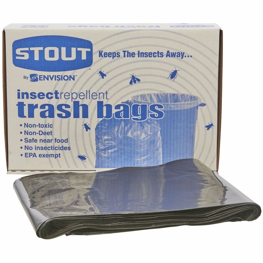 Stout Insect Repellent Trash Bags - 30 gal Capacity - 33 Width x 40  Length - 2 mil (51 Micron) Thickness - Black - Polyethylene - 90/Box -  Recycled