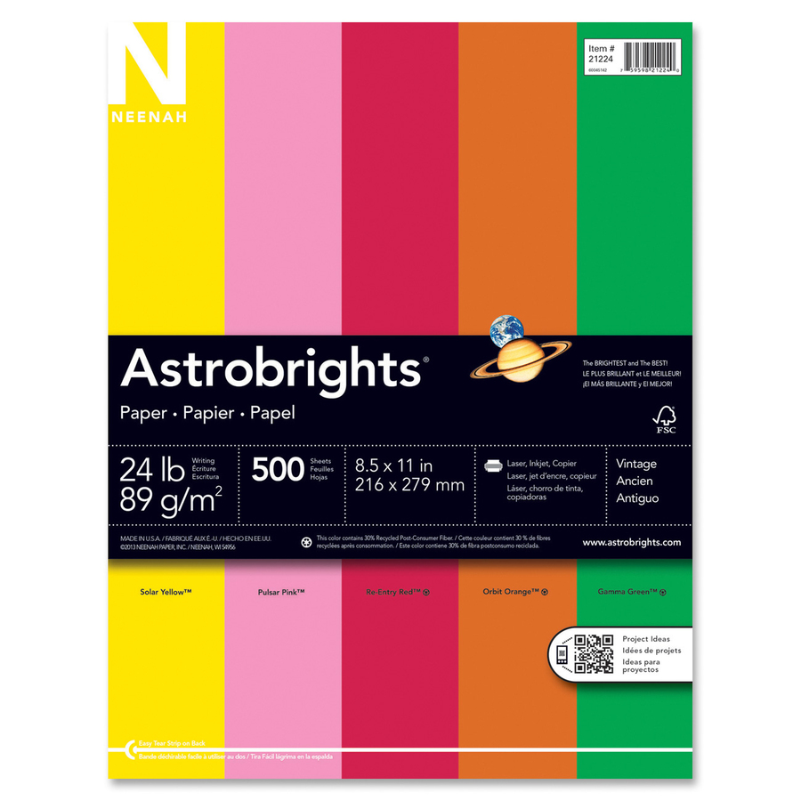 Astrobrights Color Copy Paper Vintage , 5 Assorted Colours - Letter - 8  1/2 x 11 - 24 lb Basis Weight - 500 / Ream - Acid-free, Lignin-free -  Solar Yellow, Pulsar
