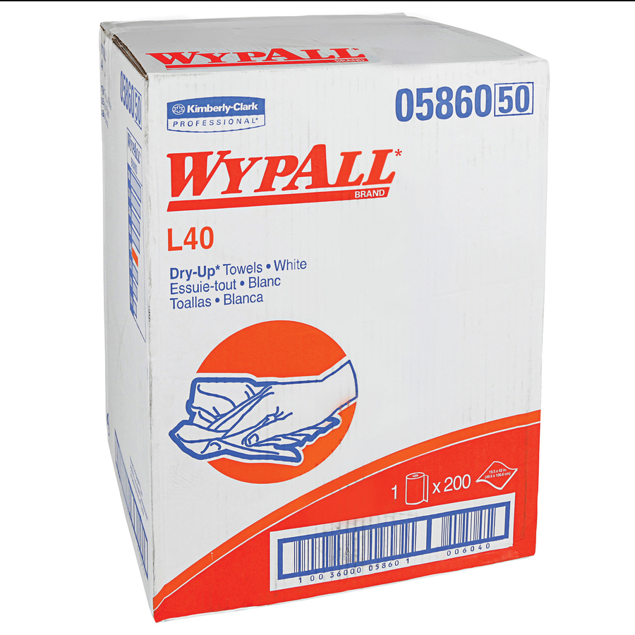 Wypall L40 Dry-Up Towels - 19.50" x 42" - 200 Sheets/Roll - White, Blue - Hydroknit - Absorbent, Strong, Soft - For Multipurpose - 200 / Carton