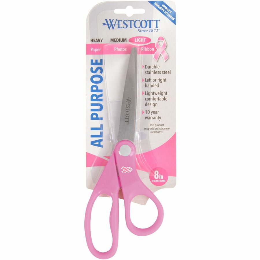 All Purpose Pink Ribbon Scissors, 8 Long, 3.5 Cut Length, Pink Straight  Handle | Bundle of 10 Each