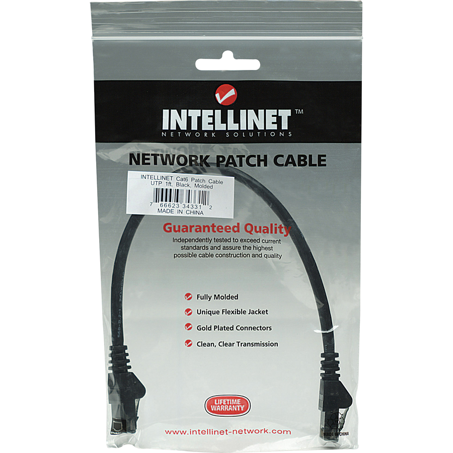 Intellinet 1 ft black Cat6 snagless Ethernet patch cable with RJ45 male connectors — in-package view