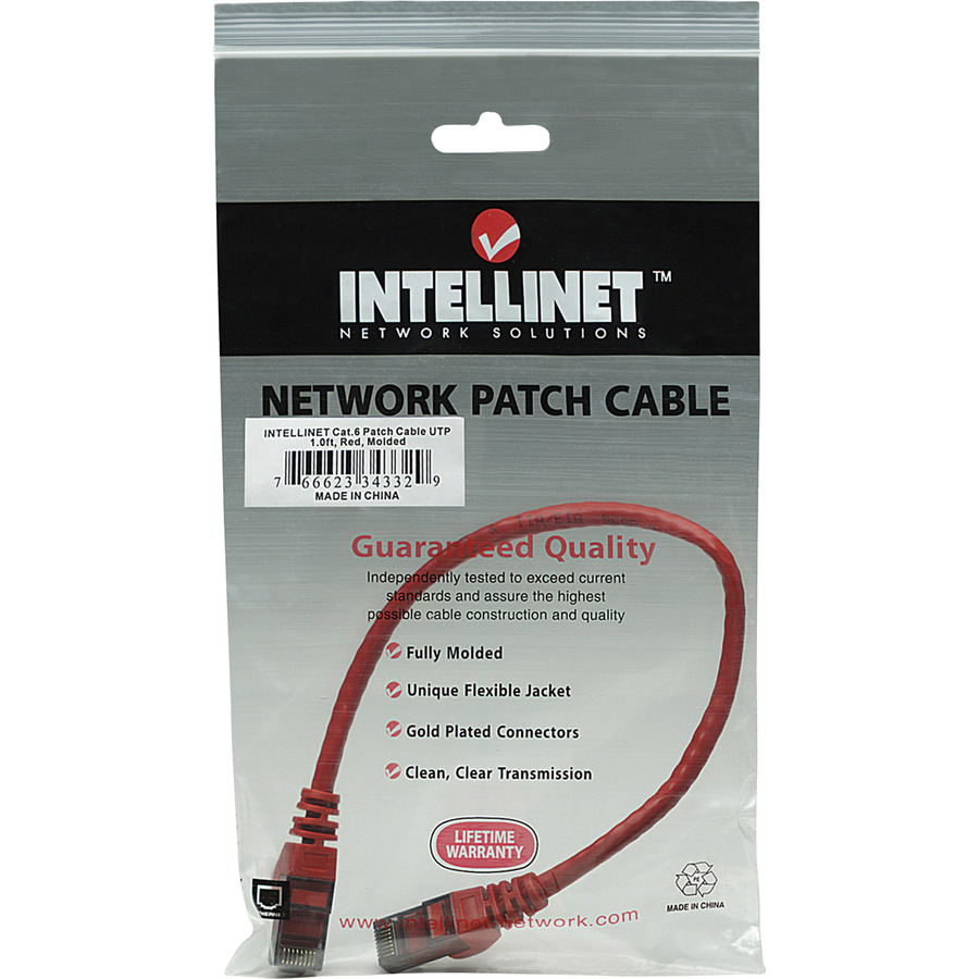 Red 1 ft INTELLINET Cat6 UTP snagless Ethernet patch cable — in-package view