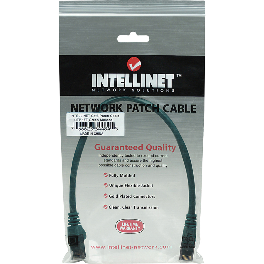 INTELLINET CAT6 UTP green 1 ft snagless Ethernet patch cable — in-package view