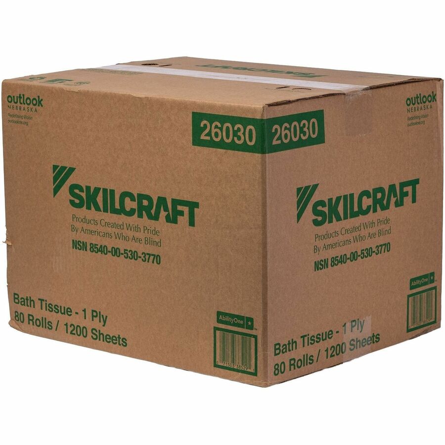 Picture of Toilet Tissue, 1 ply, 1200 sheets per roll, 1.5" core, White, 80 Rolls/Box, 1 RL/BX