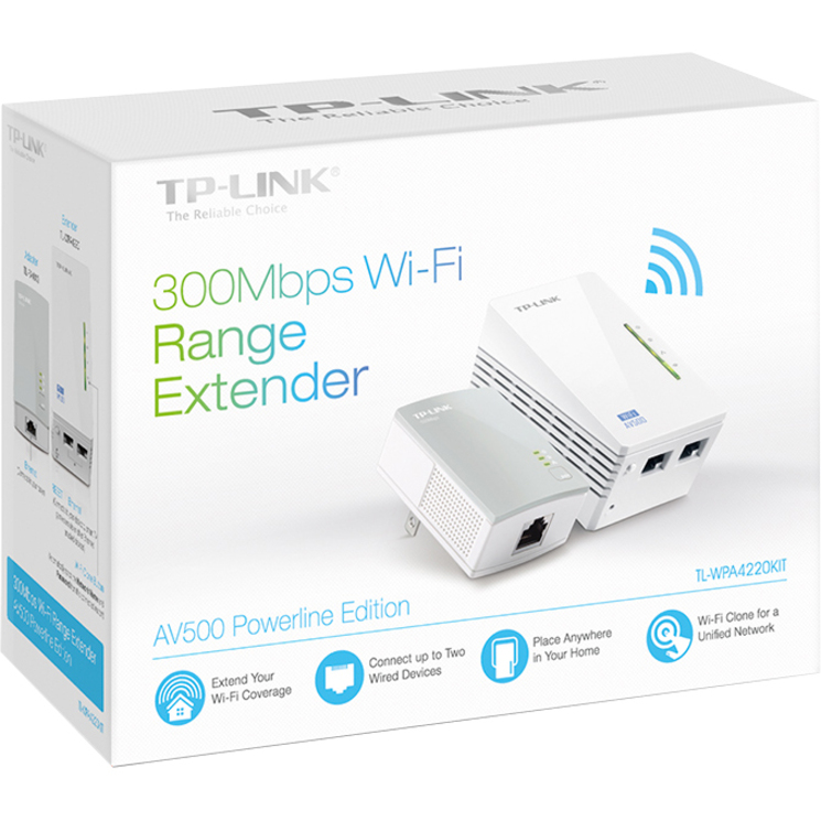 TP-LINK TL-WPA4220KIT ADVANCED 300Mbps Universal Wi-Fi Range Extender, Repeater, AV500 Powerline Edition, Wi-Fi Clone Button, 2 LAN Ports
