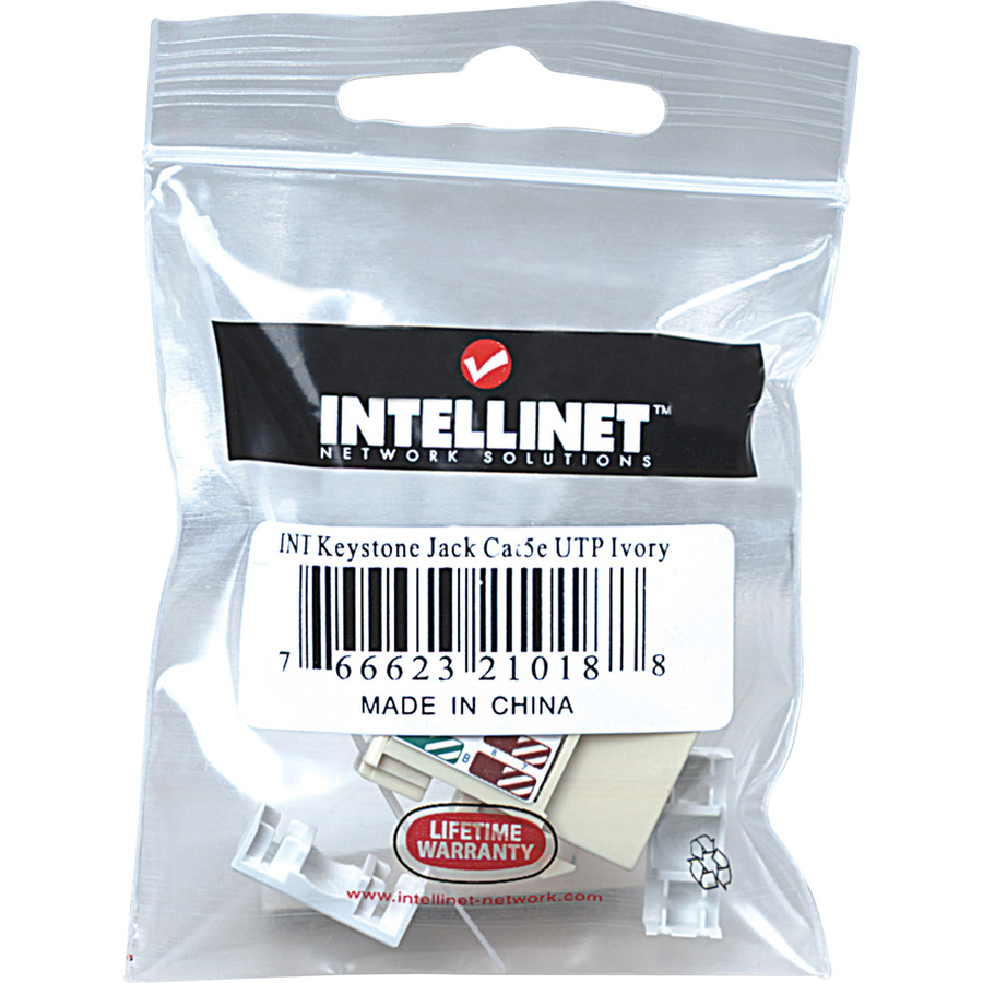 Ivory Cat5e UTP keystone jack for structured cabling terminations — in-package view