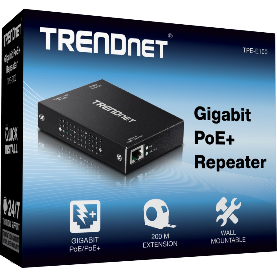 TRENDnet Gigabit PoE+ Repeater/Amplifier, 1 x Gigabit PoE+ In Port, 1 x Gigabit PoE Out Port, Extends 100m For Total Distance Up To 200m (656 ft), Supports PoE(15.4W) & PoE+(30W), Black, TPE-E100