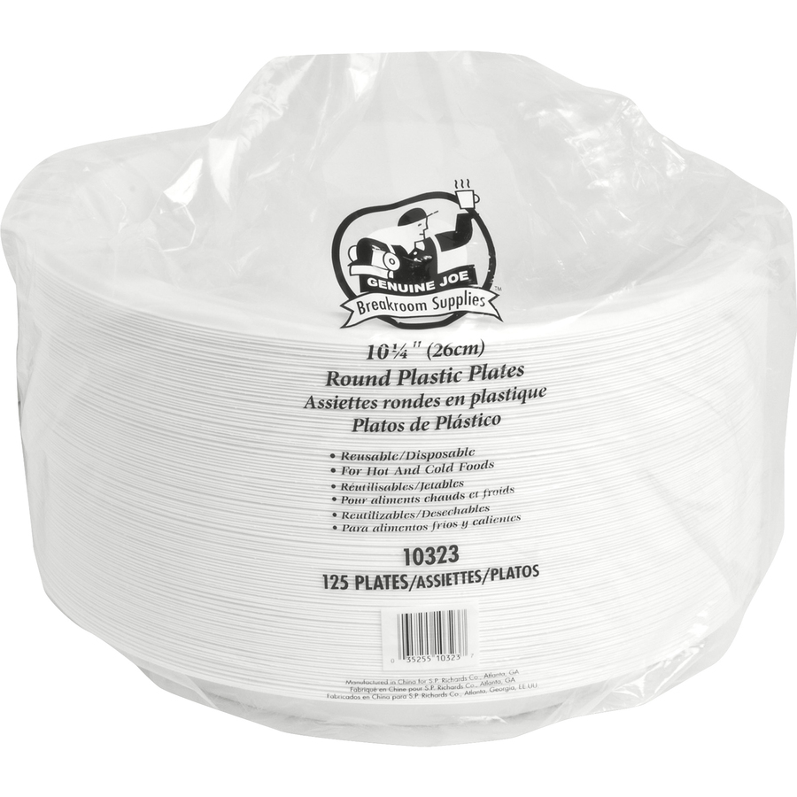 Picture of Genuine Joe 10-1/4 Large Plastic Plates - 125 / Pack - 10.25 Diameter Plate - Plastic - Disposable - Warm White - 500 Piece(s) / Carton