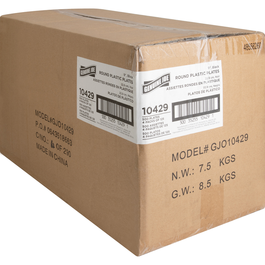 Picture of Genuine Joe Reusable Plastic Black Plates - 125 / Pack - 9 Diameter Plate - Plastic - Serving - Disposable - Black - 500 Piece(s) / Carton