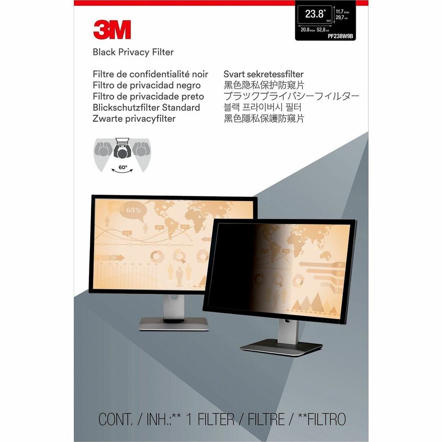 3M Privacy Filter for 23.8in Monitor, 16:9, PF238W9B Black, Matte