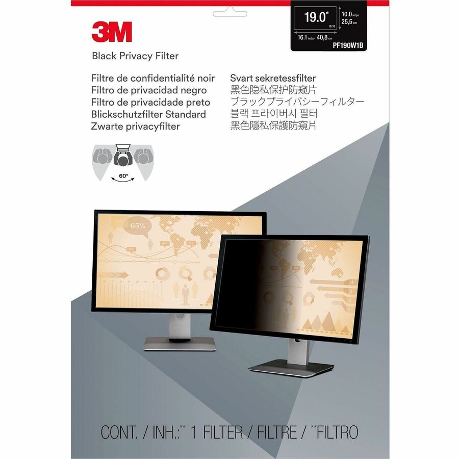 3M Privacy Filter for 19in Monitor, 16:10, PF190W1B Black, Matte