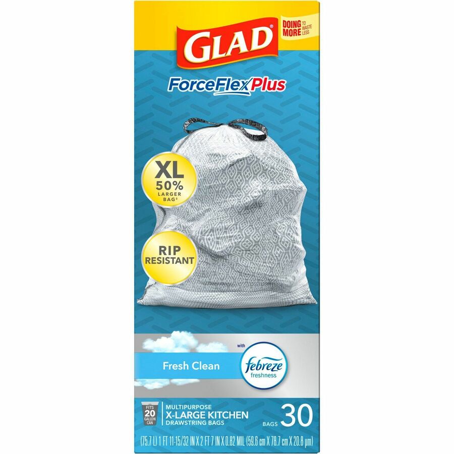 Glad ForceFlex Tall Kitchen Drawstring Trash Bags - Fresh Clean with  Febreze Freshness - 13 gal Capacity - 0.78 mil (20 Micron) Thickness -  White - 3/Carton - 80 Per Box - Kitchen, Home, Office, Garbage, Breakroom,  Cafeteria, School, Restaurant