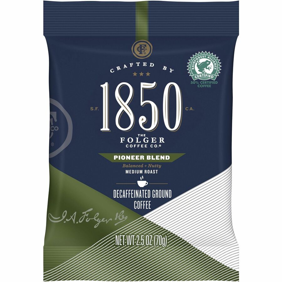 Folgers® 1850 Pioneer Blend Decaf Ground Coffee Pouches - Decaffeinated - Arabica, Nut, Pioneer - 2.5 oz - 24 / Carton