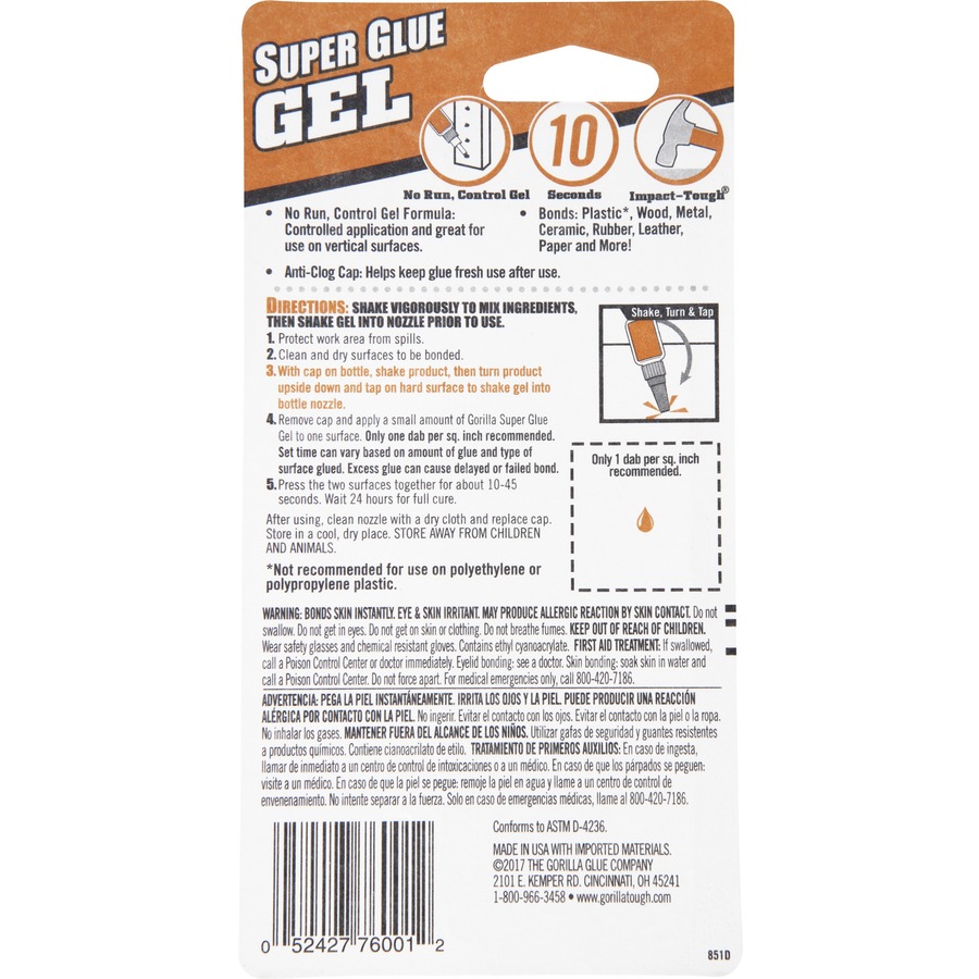 Gorilla Glue Super Glue Gel, 0.53 oz, Dries Clear, 4/Carton