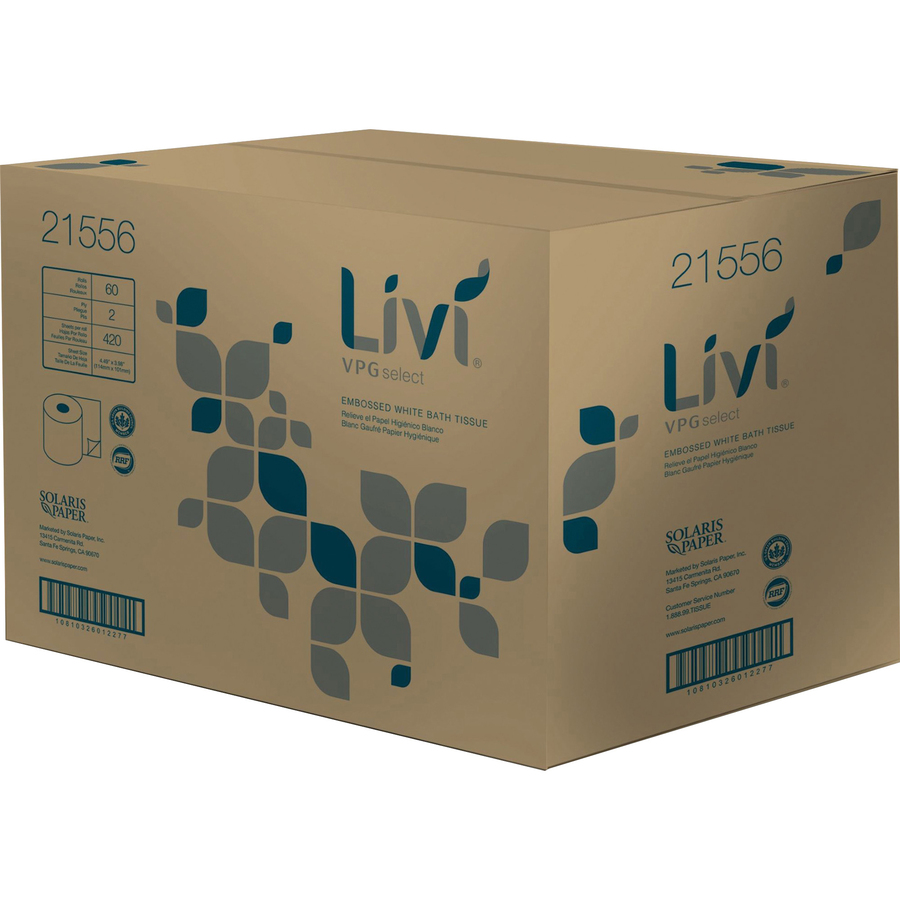 Livi VPG Select Bath Tissue - 2 Ply - 4.48" x 3.98" - 420 Sheets/Roll - Bright White - Virgin Fiber - Soft, Strong, Absorbent, Individually Wrapped - 