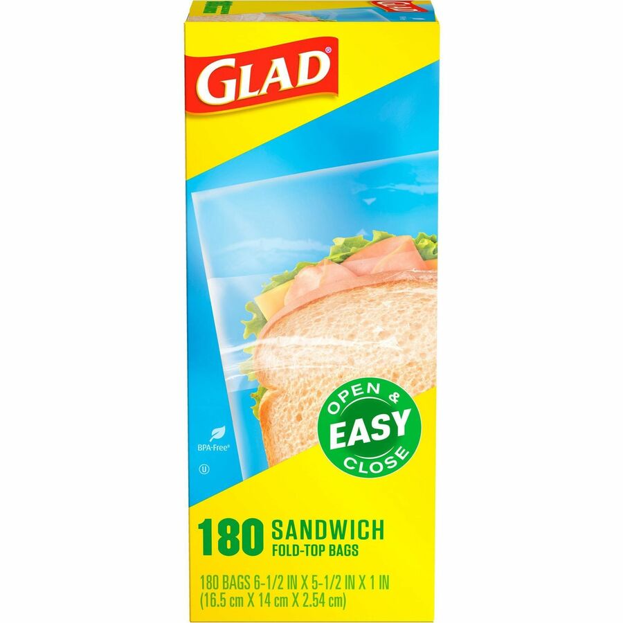 Glad Fold-Top Sandwich Bags, 6.5 x 5.5, Clear, 180/Box, 12 Boxes/Carton