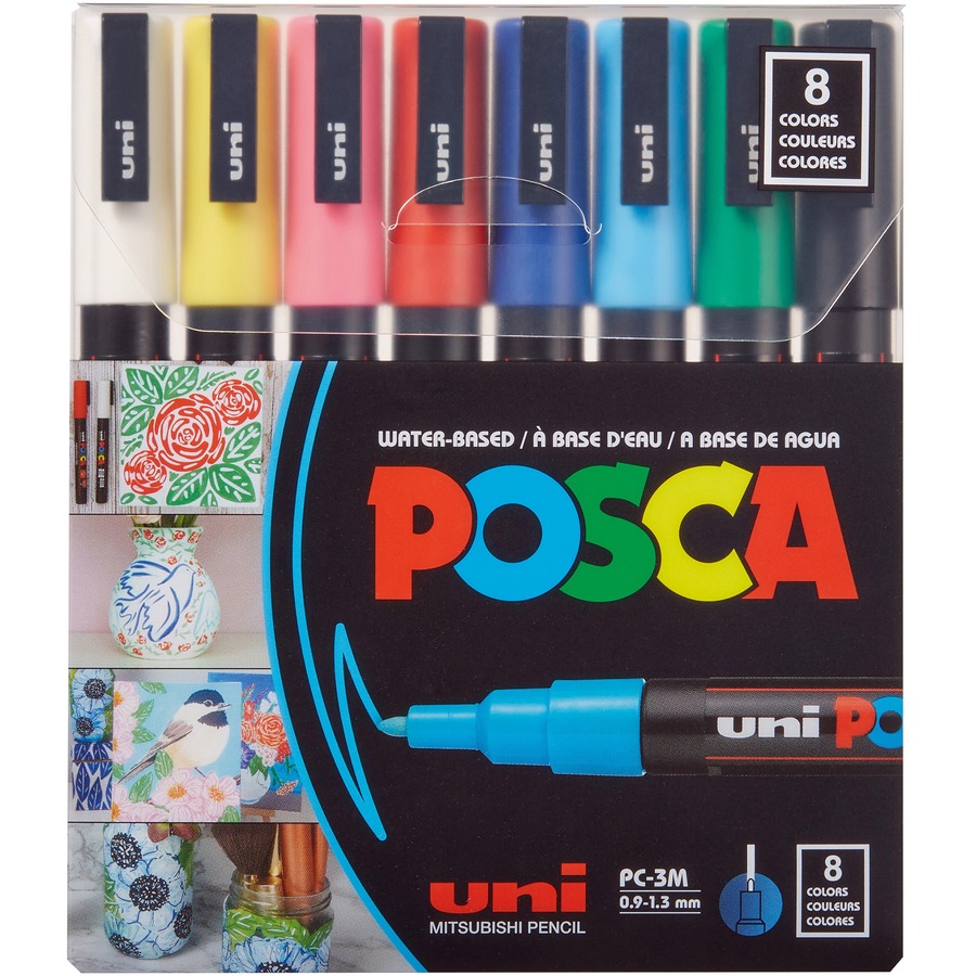 uni® Posca PC-3M Paint Markers - Fine Marker Point - Green, Blue, Light  Blue, Yellow, Red, Pink, White, Black Water Based, Pigment-based Ink - 8 /  Pack - Thomas Business Center Inc
