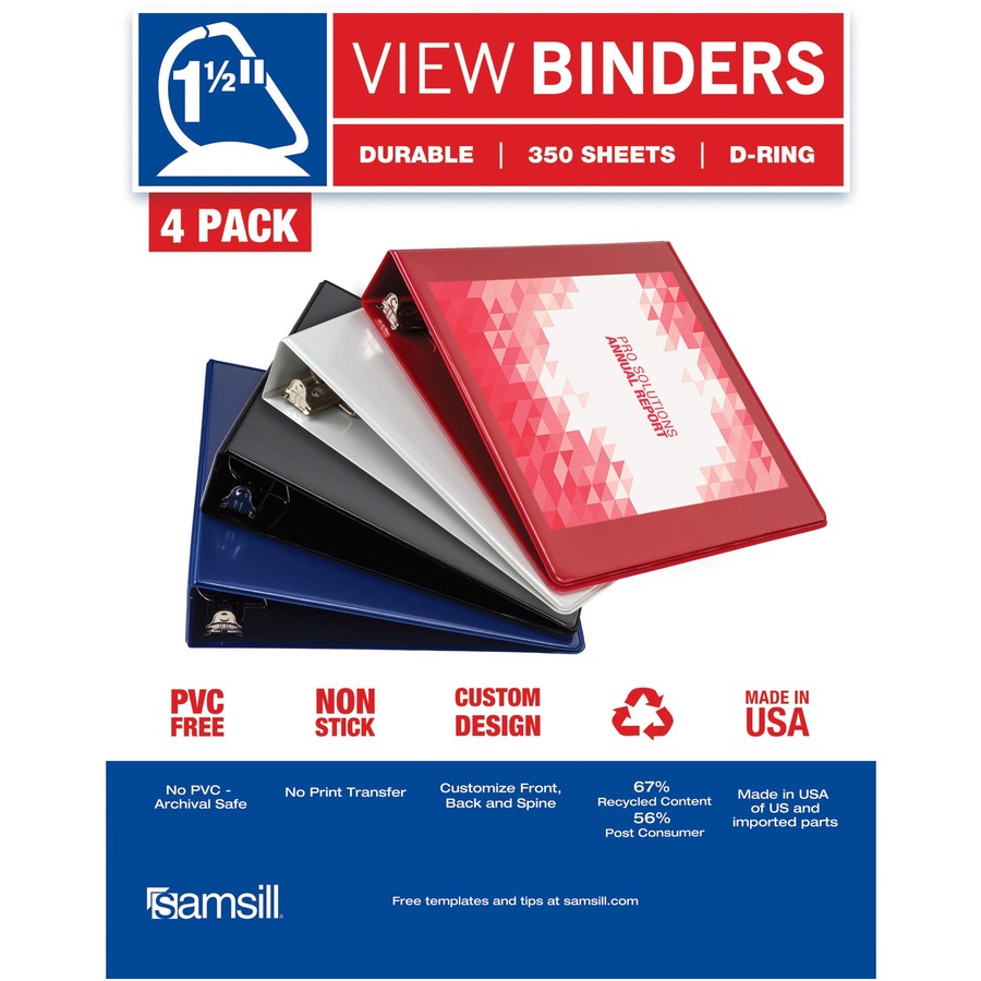 Samsill Durable 1.5 Inch View D-Ring Binder - Basic Assortment 4 Pack