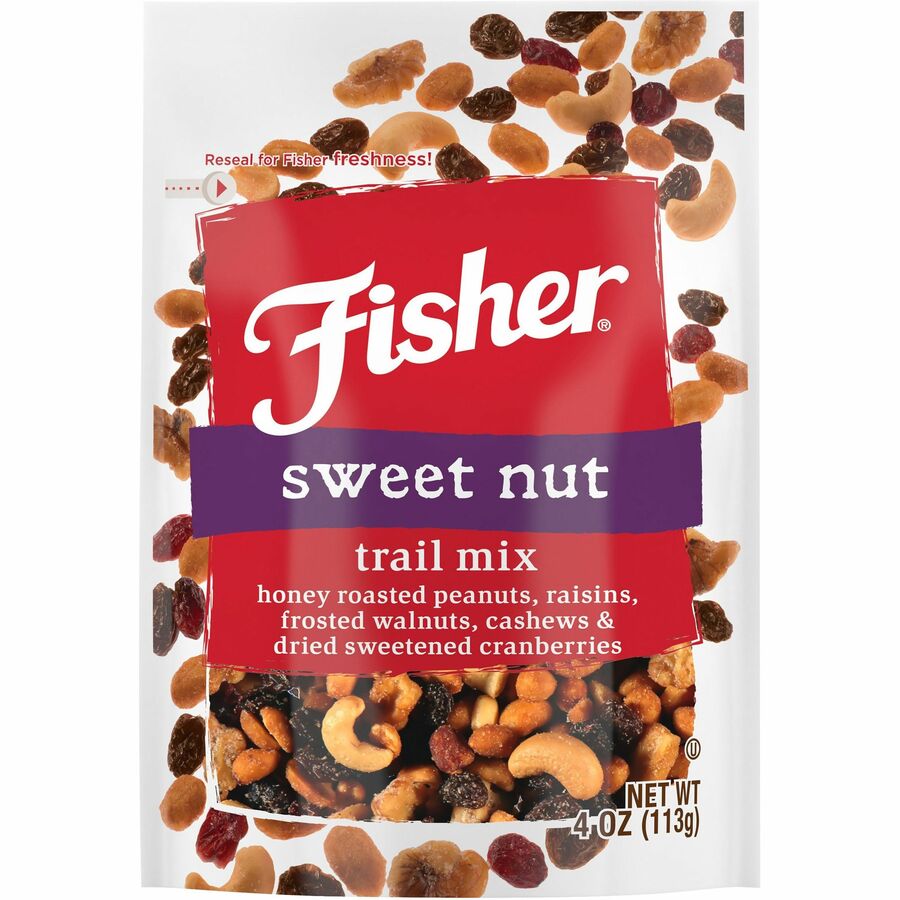 Fisher Sweet Nut Mix - Resealable Bag - Honey Roasted Peanut, Raisin,  Walnut, Cashew, Dried Cranberries - 1 Serving Bag - 4 oz - 6 / Carton -  Kopy Kat Office