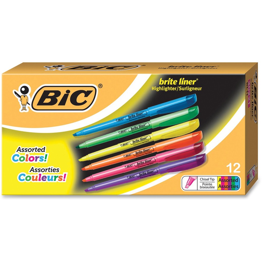 BIC Brite Liner Highlighter, Assorted, 24 Pack - Chisel Marker Point Style  - Fluorescent Assorted - 24 Pack