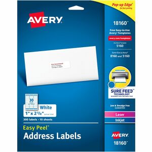 Avery%C2%AE+Easy+Peel+Address+Labels+-+Sure+Feed+Technology+-+1%26quot%3B+Width+x+2+5%2F8%26quot%3B+Length+-+Permanent+Adhesive+-+Rectangle+-+Laser%2C+Inkjet+-+White+-+Paper+-+30+%2F+Sheet+-+10+Total+Sheets+-+300+Total+Label%28s%29+-+300+%2F+Pack